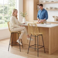 HOMCOM Taburetes Altos de Cocina Juego de 2 con Asiento de Ratán Sintético Taburetes de Bar con Patas de Acero 42,5x52x102 cm Natural(m-10)