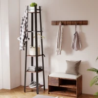 HOMCOM Kapstok met 4 niveaus, vrijstaande kledingrek, 8 haken, 4 planken, Industriële stijl, Metaal, Spaanplaat, Bruin(m-2)