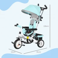 HOMCOM 6-in-1 Kinderdriewieler met Duwstang, Zonnedak, Veiligheidsgordel, Opbergmand, voor Kinderen van 1-5 Jaar, Groen(m-3)