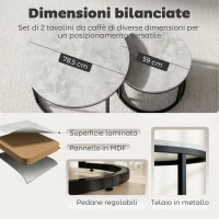 HOMCOM Set 2 Tavolini da Caffè Sovrapponibili Rotondi in Metallo e MDF Effetto Marmo, Grigio e Nero(m-7)