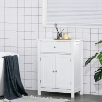 kleankin Armario de Baño con 1 Cajón 2 Puertas y Estante Interior Ajustable Mueble Auxiliar de Almacenaje Multifuncional para Salón Cocina Antivuelco 60x30x80 cm Blanco(m-10)