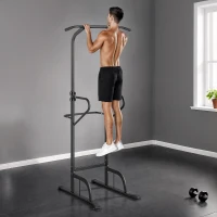 HOMCOM Power Tower Dip Station, Barre de traction, Barre de dips, Hauteur Réglable, Poignées en Forme U, 98x102x180-212cm, Noir(m-2)