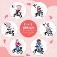HOMCOM 6-in-1 Kinder Driewieler met Duwstang, Dak, Gordel, Opbergmand, 18+ Maanden, Roze(m-4)