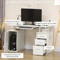 HOMCOM Bureau d'ordinateur, bureau informatique 120 x 55 cm avec plateau pour clavier, 3 tiroirs, pour chambre, domicile, blanc(m-4)