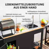 Outsunny Grillwagen Serveerwagen met Werkblad, Uitklapbare Zijplank, Kast, Spoelbak, Wielen, Roestvrij Staal 162,5x47x87cm Zwart(m-5)