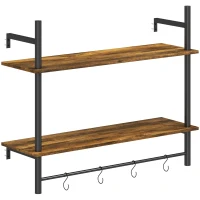 HOMCOM Wall Mounted Floating Shelves with 4 Hooks, Rustic Wall Shelf Unit for Living Room, Entryway, Rustic Brown(m-1)
