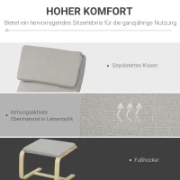 HOMCOM Loungestoel met Voetenbank, Bekleding in Linnenlook, Houten Frame, tot 120 kg, Lichtgrijs/Natuur(m-4)