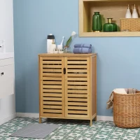 kleankin Meuble salle de bain en bambou armoire salle de bain sur pied avec double porte à lattes, 68 x 32 x 86 cm, naturel(m-10)
