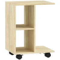 HOMCOM C-Shape End Table Unique Storage Unit w/ 2 Shelves 4 Wheels Freestanding Home Office Furniture Cabinet Square Studio Natural(m-1)