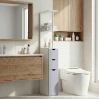 HOMCOM Colonna Bagno, Mobile Bagno Salvaspazio in Legno, Mobiletto con Armadietto, Ripiani e Cassetti, 15x33x136.8 cm, Grigio Chiaro(m-10)