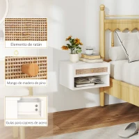 HOMCOM Juego de Mesitas de Noche Flotantes con Cajón de Ratán y Estante Abierto para Dormitorio 40x34x23cm Blanco(m-7)