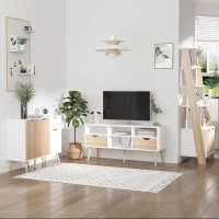 HOMCOM tv-tafel tv-meubel met 2 lades tv-plank spaanplaat massief houten poten wit + eiken 117 x 39 x 57 cm(m-8)