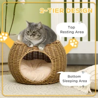 PawHut Kattenhuis kattenmand kattenhol 2 verdiepingen van gevlochten kunsthars-rattanimitatie met 1 zacht kussen Ø 40 x 30 cm Lichtbruin(m-5)