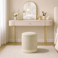 HOMCOM Pouf coffre rangement, tabouret rond en chenille, pouf repose-pieds avec base en métal effet bois, beige(m-9)