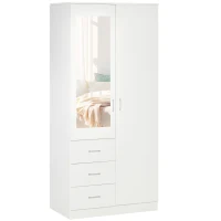 HOMCOM 2 Door 3 Drawer Mirrored Wardrobe with Hanging Rail, Modern Clothes Storage Cupboard with Mirror, Drawers and Adjustable Shelves for Bedroom, 80 x 50 x 180 cm, White(m-1)