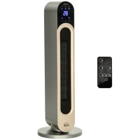 HOMCOM Calefactor Cerámico de Torre 1100/2200W con Mando Pantalla LED Temporizador y Oscilación Ø25x73,5 cm Plata(m-13)