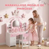 AIYAPLAY Tocador de Maquillaje Niña con Espejo de LED de 2 Colores Taburete 2 Armarios Cajón Estantes Compartimento Rosa(m-8)