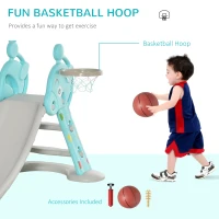 HOMCOM Kids Slide 2 in 1 Toddler Freestanding slide with Basketball Hoop Indoor/Outdoor Use Deer Shaped for 18 months -4 Years Old Blue(m-7)