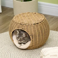 PawHut Kattenhuis kattenmand kattenhol 2 verdiepingen van gevlochten kunsthars-rattanimitatie met 1 zacht kussen Ø 40 x 30 cm Lichtbruin(m-7)