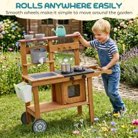 AIYAPLAY Wooden Mud Kitchen with Wheels, Stove, Faucet, Flower Pots, Stainless Steel Accessories for Toddlers 3-6, Brown(m-5)