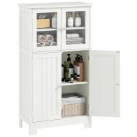 kleankin Armario Auxiliar de Baño con Puertas de Cristal y Estante Ajustable Armario Multifuncional 60x30x108,5cm Blanco(m-1)