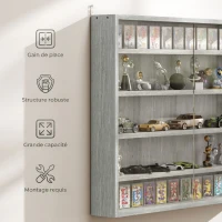 HOMCOM Vitrine murale pour objets de collection 4 étagère réglables en hauteur et 2 portes coulissantes 80 x 9,5 x 60 cm gris(m-6)