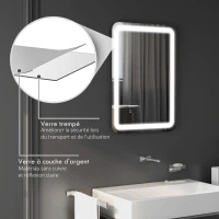 HOMCOM Miroir de salle de bain rectangulaire LED fonction anti-buée luminosité réglable fonction mémoire 70 x 50 cm argent(m-8)