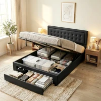 HOMCOM PU Leather King Size Ottoman Bed Frame, with Front Drawer - Black(m-14)