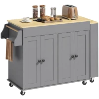 HOMCOM Ilha de Cozinha com Rodas Tampo Extensível Carrinho de Cozinha com 4 Portas Prateleiras Ajustáveis Estante Lateral Aberta Cinza(m-12)