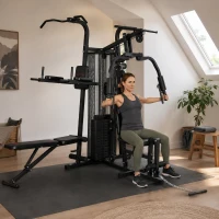 SPORTNOW Multifunktions-Trainingsstation, Heimfitness-Maschine für über 10 Übungen, Gewichte, anpassbare Fitnessbank, Schwarz(m-11)