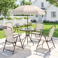 Outsunny Ensemble Salon de Jardin 6 pcs - Table Ronde + 4 chaises Pliables + Parasol - Acier époxy café textilène Polyester Beige(m-2)