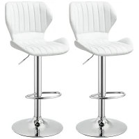 HOMCOM Juego de 2 Taburetes Altos de Cocina y Giratorio Taburetes Altos de Cuero Sintético con Respaldo y Estructura de Metal 47x51,5x92-114 cm Blanco(m-11)