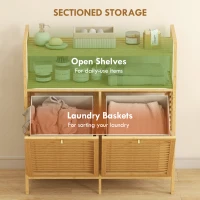 HOMCOM Double Tilt Out Bamboo Laundry Cabinet, Freestanding Bathroom Cabinet with 2 Removable Baskets, Natural(m-4)