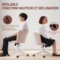 HOMCOM Chaise bureau en velours, chaise coiffeuse avec dossier en pétale, hauteur réglable, 69 x 64 x 80-90 cm, rose(m-4)