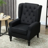 HOMCOM Wingback Accent Chair, Faux Linen Armchair with Thick Spring Cushion, High Back, Solid Wood Legs, Retro Button Tufted Reading Chair for Living Room, Bedroom, Black(m-10)