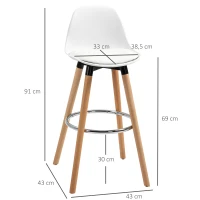 HOMCOM Set van 2 Barkrukken in Scandinavisch Design, Met Voetensteun, 43 cm x 43 cm x 91 cm, Natuurlijk Hout + Wit(m-3)