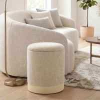 HOMCOM Pouf coffre rangement, tabouret rond en chenille, pouf repose-pieds avec base en métal effet bois, beige(m-15)