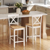 HOMCOM 2-delige Set Barstoelen met Rugleuning en Voetsteun, Rubberwood, voor Keuken, Eetkamer, Bar, Eiken + Wit(m-8)