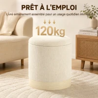 HOMCOM Pouf coffre rangement, tabouret rond en chenille, pouf repose-pieds avec base en métal effet bois, beige(m-7)