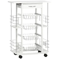 HOMCOM Carrello da Cucina con Cassetto, 4 Cesti e 4 Ripiani, in Metallo, Ceramica e Legno, 57x37x83 cm, Bianco(m-1)