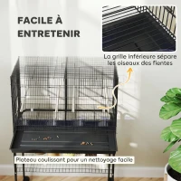 PawHut Cage à Oiseaux Volière Intérieur Acier avec Séparateur, 4 Perchoirs, Plateau Coulissant, 4 Mangeoires, 76x46x116cm, Noir(m-7)