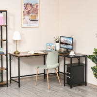 HOMCOM Bureau Informatique Design Industriel Bureau d'angle 2 tablettes Support CPU imprimante Aspect Vieux Bois métal Noir(m-10)
