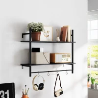 HOMCOM Estante de Parede de 2 Níveis Estante Suspensa com 4 Ganchos 2 Prateleiras e Estrutura de Metal 80x24x65 cm Preto(m-10)