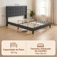 HOMCOM Cama de Casal 135x190 cm com Cabeceira Estofada com Laterais e Arrumação Inferior, Cinzento(m-3)