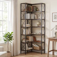 HOMCOM 6-Tier L-Shaped Bookshelf, Freestanding Corner Bookcase with Metal Frame, Rustic Brown(m-14)