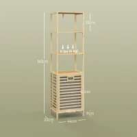 HOMCOM Badkamerrek met Wasmand, 3 Planken, Bamboe Frame, 44x33x160cm, Natuur(m-3)