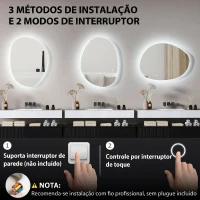 HOMCOM Espelho de Casa de Banho LED 3 Cores de Luz Brilho Regulável Função Anti Embaciamento Função Memória IP44 80x60 cm Prata(m-7)
