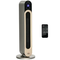 HOMCOM Calefactor Cerámico de Torre 1100/2200W con Mando Pantalla LED Temporizador y Oscilación Ø25x73,5 cm Plata(m-1)