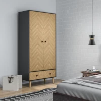 HOMCOM Modern Wardrobe Cabinet Wood-Effect Sticker Surface with 2 Hanging Rods, 2 Storage Shelves and 2 Drawers, 90 x 50 x 190 cm, Dark Grey(m-3)