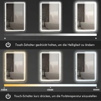 HOMCOM Verlichte badkamerspiegel met touchbediening, anti-condens, dimbaar, 3 lichtkleuren, 70 x 100 cm, zilver(m-6)
